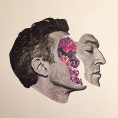 two men with their faces cut out to look like they are kissing each other and the man's face is covered in flowers