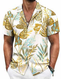 PRICES MAY VARY. LIGHTWEIGHT & COMFORTABLE FABRIC--- This hawaiian shirt for men is made of high quality soft & lightweight polyester fabric.Keeps you cool during hot summer days and gives you comfortable and nature skin feel. And the fabric is wrinkle free and will not need ironing so this is great to pack for your vacation. HAWAIIAN PRINTED STYLE---The button dwon shirt men features with a tropical floral printed design, short sleeve, button down closure, regualar fit, camp collar, patch pocke Camp Collar Shirt, Tropical Summer, Mens Hawaiian Shirts, Build Your Brand, Shirt Short Sleeve, Collar Shirt, Beach Shirts, Wedding Attire, Collar Shirts