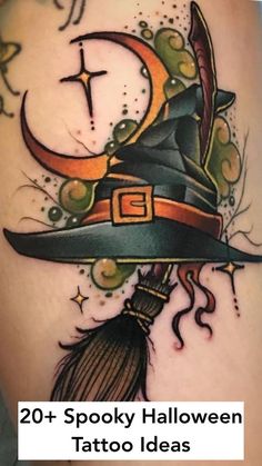 a tattoo with a witch's hat and broom on it, which reads 20 spooky halloween tattoo ideas