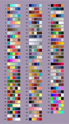 an image of the color chart for each type of item in this page, it shows different