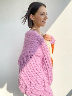 Cozy Purple Knit Cardigan, Cozy Knitted Acrylic Cardigan, Cozy Pink Acrylic Cardigan, Pink Chunky Knit Acrylic Outerwear, One Size Pink Knitted Cardigan, Purple Chunky Knit Winter Cardigan, Hand Knitted One-size Acrylic Cardigan, Hand Knitted One Size Acrylic Cardigan, One-size Hand Knitted Acrylic Cardigan