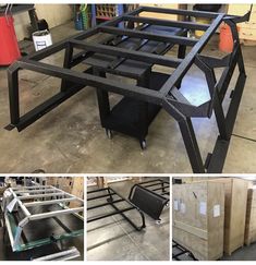 several different types of metal work benches in a warehouse, including one being assembled and the other being assembled