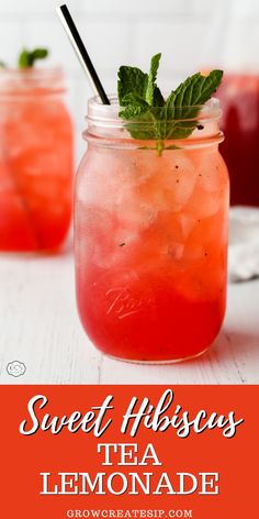 two mason jars filled with tea lemonade and mint garnish on a white table