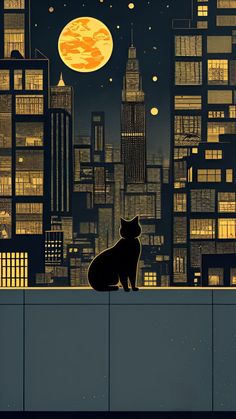 a black cat sitting on top of a roof in front of a cityscape