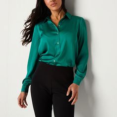 Tie up your tailored look with this satin button-down women's blouse from Bold Elements. It has a spread collar, long sleeves, button cuffs, and a front-knotted detail. Wear it with high-rise pants and heels.Closure Type: ButtonFit: Regular FitNeckline: Collar NeckSleeve Length: Long SleeveSleeve Style: Cuffed SleeveApparel Length: 26 InchesFiber Content: 100% PolyesterFabric Description: SatinCollar: Spread CollarCare: Machine Wash, Tumble DryBody Type: HourglassCountry of Origin: Imported Green Tops With Button Cuffs For Work, Green Workwear Tops With Button Cuffs, Green Blouse With Button Cuffs For Work, Green Blouse With Button Cuffs For Office, Green Blouse With Button Closure For Work, Elegant Green Tops With Button Cuffs, Green Office Blouse With Button Cuffs, Green Button-up Top For Work, Green Button Closure Blouse For Office