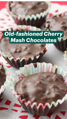 old - fashioned cherry mash chocolates on a red and white tablecloth with text overlay that reads old - fashioned cherry mash chocolates