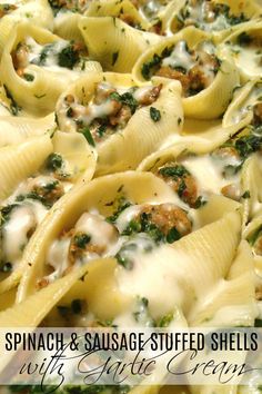 pasta with meat, spinach and cheese in a pan