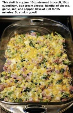 a casserole dish with ham and broccoli in it