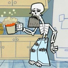 a cartoon skeleton holding a beer in his hand and popcorn on the counter behind him