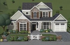 this is an artist's rendering of a two story house with white trim and brown shutters