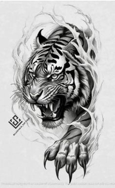 a black and white drawing of a tiger's head with flames coming out of it