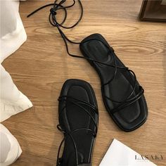 Lasaky - Stylish and Comfortable Flat Sandals with Ankle Strap and Square Toe - Perfect for Casual and Beach Wear Casual Elegant Dress, Casual Beach Style, Elegant Casual Dress, Ivory Shoes, Casual Beach Wear, Black Gladiator Sandals, Roman Sandals, Beige Shoes, Comfortable Flats