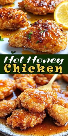 chicken wings on a plate with sauce and lemon wedges next to the words hot honey chicken