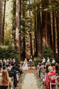 a wedding ceremony in the woods with people sitting on chairs and one person walking down the aisle