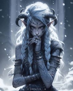 a woman with white hair and horns in the snow