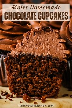 a close up of a chocolate cupcake on a plate with the words most homemade chocolate cupcakes