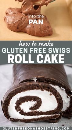 chocolate roll cake with white frosting on top and text overlay that reads how to make gluten free swiss roll cake