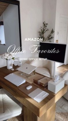 an office desk with a computer on it and the words amazon home office setup above it