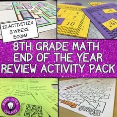 the 8th grade math end of the year review activity pack is shown in purple and yellow