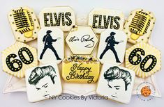 decorated cookies with elvis's on them and the words happy birthday written in black