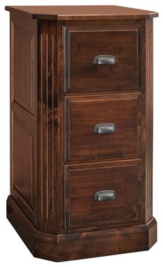 a brown wooden cabinet with three drawers