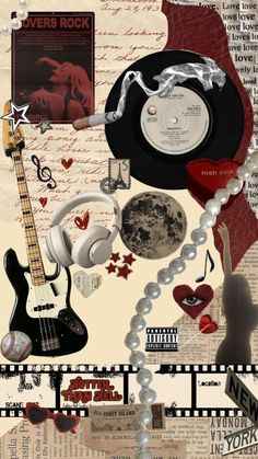 a collage of music related items including an electric guitar, headphones and records