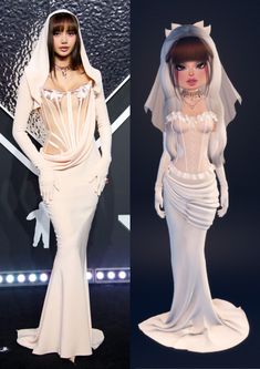 two mannequins dressed in white gowns and veils