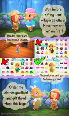 an animal crossing game with two screens showing the same character and other characters in different ways