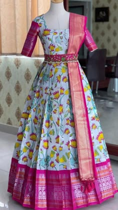 Ikkat Pattu Long Frock Designs, Pichwai Print Long Frocks, Long Frock Models Traditional, Long Frog Dress Designs, Pattu Lehangas For Women, Traditional Long Frocks Indian Pattu, Pattu Saree Into Dress Convert, Narayanapet Pattu Long Frock, Narayanpet Long Frocks With Dupatta