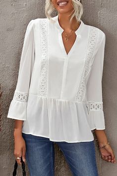 Long Sleeve V Neck Shirt, Embroidery Anglaise, White Lace Shirt, Women Blouses Fashion, V Neck Shirt, Fashion Tops Blouse, Modern Women, Moda Vintage, Lace Shirt