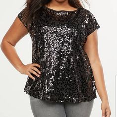 Light Up The Night (Or Day) With This Sparkling Top. Sequined Mesh On The Front Adds Just The Right Amount Of Sparkle To Pair With Jeans For Low-Key Festivities, Or Dress Up With Cool Pants And Heels To Take On The Night. Scoop Neck. Short Sleeves. Crepe. Sequin Mesh Front. Slightly Longer Length. Front Length (On Body): 29.5" Size 18 Is 28" Armpit To Armpit Size 20 Is 30" Armpit To Armpit Machine Wash 100% Polyester Cool Pants, Hot Pink Tops, Babydoll Shirt, Light Up The Night, Curvy Swimwear, Ribbed Knit Top, Flowy Blouse, Puff Sleeve Blouse, Plus Size Top