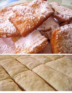 several different types of pastries on a plate with powdered sugar and cinnamon bread