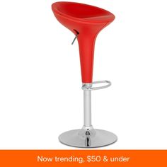 a red bar stool with the words $ 50 and under below it on an orange background