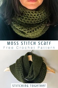 a woman wearing a green crochet cowl scarf with text overlay that says moss stitch scarf free crochet pattern