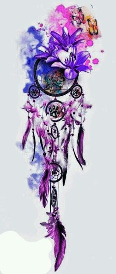 an artistic drawing of a dream catcher with feathers and flowers on it's head