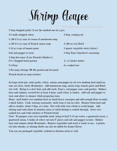 the recipe for shrimp clovee is shown in black and white text on a blue background