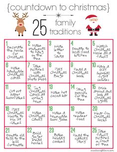 a printable christmas calendar with santa and reindeers on the front, which includes numbers for