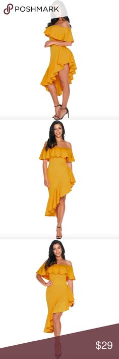 NWT Off The Shoulder Asymmetrical Ruffle Dress Bundle 3 for automatic 20% off!  Snag this show-stopping cocktail dress before it’s gone!  - Drop waist asymmetrical ruffle skirt/ hem - Bodycon/ Stretch/ Form fit - Off the shoulder ruffle neckline - PERFECT for date night, dancing, vacation, weddings & more! - COLOR: Yellow/ Gold - MATERIAL: 95% polyester/ 5% spandex - FIT: True to size; VERY stretchy - WEAR: BRAND NEW w/ TAGS  Also available in PINK!  ALL offers welcomed! Ask ?s in the comments b Asymmetrical Ruffle Skirt, Leslie White, Beach White Dress, Rouched Dress, Floral Print Blazer, Scarf Dress, Long Black Dress, 80 Dress, Slim Straight Jeans