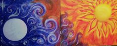 three paintings with different colors and designs on them