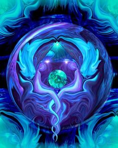 an abstract painting with blue and purple colors on the bottom, surrounded by swirling swirls