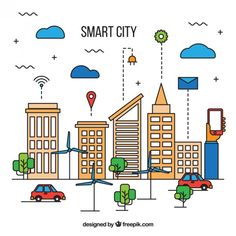 smart city with buildings and cars on the street in flat line art style freehanded