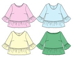 three different colored tops with ruffles on them