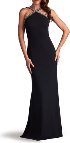 SHO by Tadashi Shoji Crystal Embellished Halter Gown | Nordstrom Black Halter Wedding Dress, Mother Of The Bride Dresses Halter Style, Black Formal Dress Long Classy, Halter Neck Dress Formal, Cross Over Dress, Bride Stuff, Halter Neck Gown, Halter Wedding, Black Tie Attire