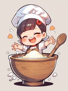 A cute chibi character wearing a chef's hat is joyfully mixing ingredients in a large bowl, with flour and sugar flying everywhere. Anime Chef, Chef Character, Chibi Eating, Chibi Maruko-chan, Chibi Food, Top Paintings, Popular Manga, Anime Watch, Anime Recommendations