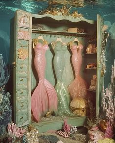 there are three mermaid dresses on display in the cabinet with shells and other sea life