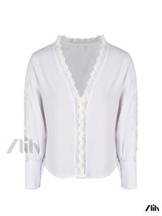 Zlily - Premium Contrast Lace Solid Blouse: Sophisticated V Neck Long Sleeve Womens Blouse Elegant V-neck Shirt For Day Out, Elegant V-neck Shirt For Brunch, Elegant V-neck Shirt For Spring, Elegant Lace Top Shirt For Summer, Elegant Spring Shirt With Lace Top, V-neck Lace Trim Blouse For Work, V-neck Blouse With Lace Trim For Work, Elegant Lace Top Shirt For Spring, Chic Lace Trim Shirt For Spring