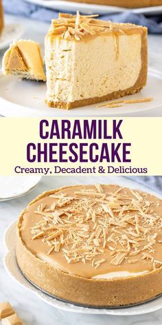 two different views of a cheesecake with caramel toppings