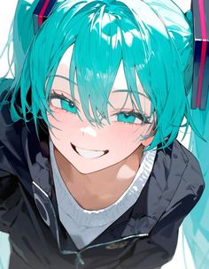 an anime character with blue hair wearing headphones