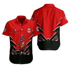 a red shirt with black and white designs on the front, and an image of a pirate