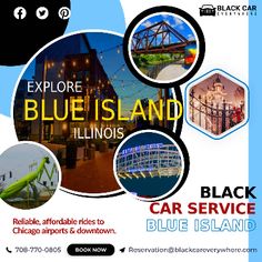 the flyer for blue island illinois's car service, featuring images of various buildings